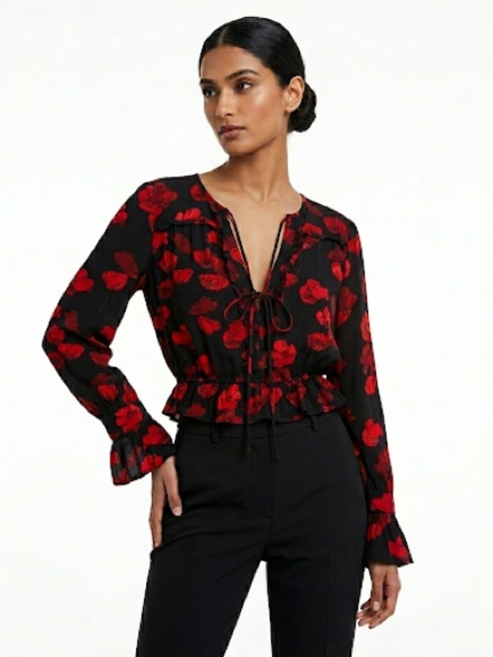 & Other Stories Women Red Floral Cropped Ruffle Blouse Size 8